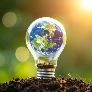 A small green plant growing inside a light bulb containing a blue earth globe standing in soil with beautiful golden sunset nature background.