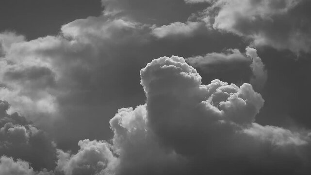 Majestic cumulus clouds with intricate textures moving across a bright monochrome sky weather cloudscape grey white