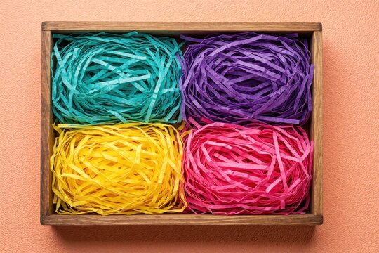 Wooden box filled with four quadrants of shredded paper in teal, purple, yellow, pink on peach textured backdrop, creating playfully colorful scene. Visually striking contrast between warm wooden