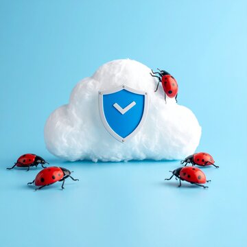 Conceptual image of a fluffy white cloud featuring a blue shield icon with ladybugs crawling around representing digital security and protection.