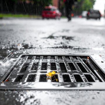 A Close Up View of a Storm Drain Grate on a Wet City Street During a Rainy Day with Blurred Traffic in the Background and a Fallen Leaf.