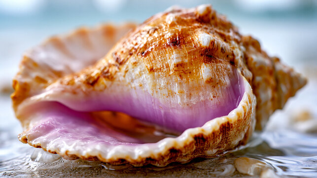 Large conch seashell with pink and purple interior on a light sandy surface