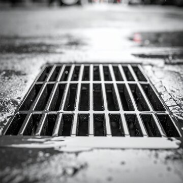 Close up view of a metal street storm drain grate on a wet asphalt road surface after rain creating a moody and urban infrastructure aesthetic.