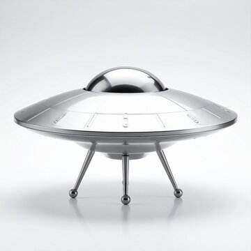 A metallic futuristic flying saucer model isolated on a clean white background representing space travel and advanced science fiction concept.