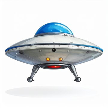 A detailed illustration of a metallic flying saucer with a blue dome isolated on a white background representing futuristic space travel concepts.