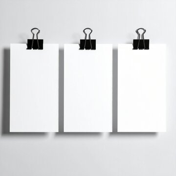 Three blank vertical paper sheets hanging with black metal binder clips against a clean minimal white wall background for business branding.