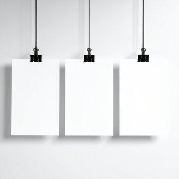 Three blank vertical paper sheets hanging from black binder clips against a clean white wall perfect for creative design mockup presentation.