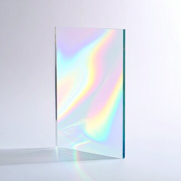 Abstract rectangular glass pane featuring a mesmerizing holographic light reflection creating a vibrant rainbow gradient on a clean white background.