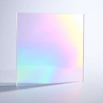 A square piece of iridescent glass or transparent material reflecting soft rainbow colors on a clean white background for minimalist design.