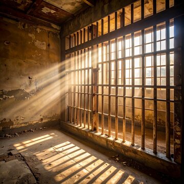 A dramatic view of sunlight streaming through iron bars in a weathered decaying prison cell showing a powerful concept of hope and freedom.