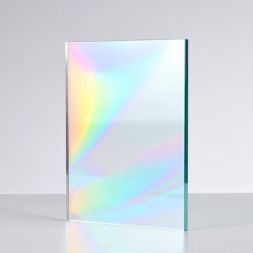 A modern vertical glass sheet with beautiful iridescent rainbow reflections isolated on a clean white background for design and decor projects.
