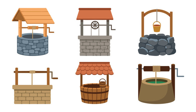 Traditional Water Well Icon Set with Antique Stone Wooden and Brick Structures for Countryside Village Farm and Fairytale Garden Vector Illustration Designs