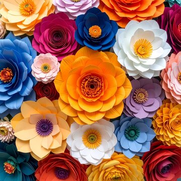 A vibrant collection of handmade paper flowers featuring a colorful assortment of layered blooms with intricate petals for creative decor projects.