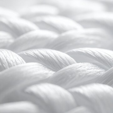 Extreme close up macro shot of a white braided synthetic fabric texture showing intricate woven patterns and soft light reflections in bright tones.