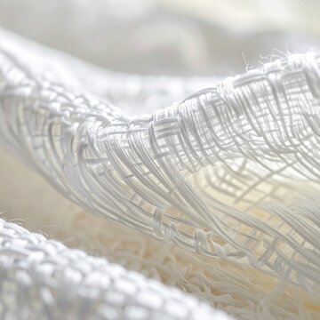 Close up macro photography of elegant white woven fabric texture showcasing soft folds and delicate interlaced patterns for luxury backgrounds.