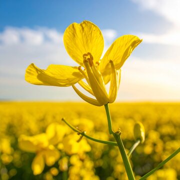 A vibrant close up of a single yellow rapeseed flower blooming in a vast meadow under a beautiful sunny blue sky with fluffy white clouds above.