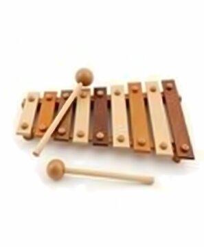 Blurry wooden xylophone toy with mallets