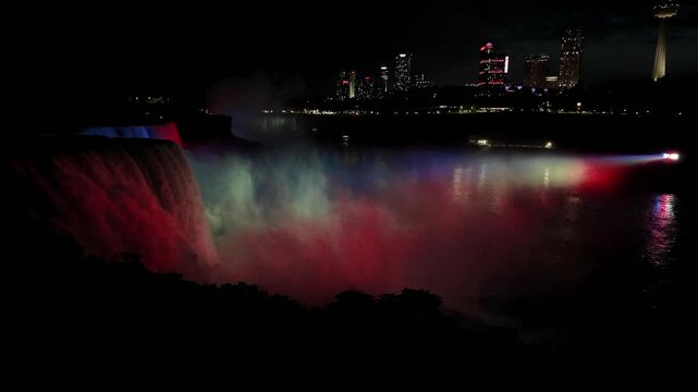 Niagara Falls at Dusk with Illuminated Mist and Skylon Tower Skyline in Ontario, Canada