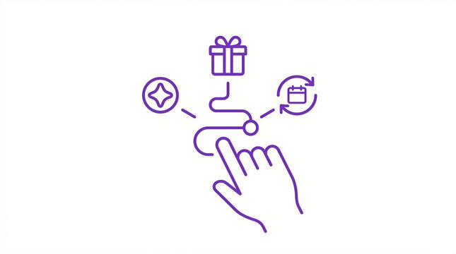 Purple Line Art Illustration of a Human Hand Navigating a Customer User Journey Path with Gift Rewards and Calendar Scheduling Icons on White