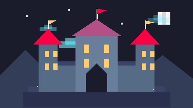 Animated castle night scene video frames montage.