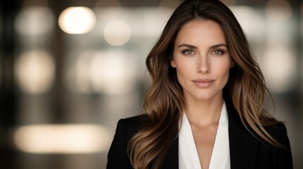 Obraz premium Pro woman poses in business attire. She has long brown hair and makes direct eye contact in a studio with blurred lights background. Confident executive look.