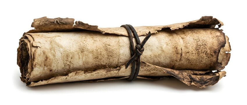 Old scroll tied with string on white background showing aged texture