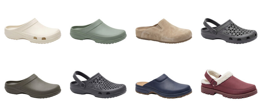 Summer holiday travel, casual slip-on clogs and shoes set isolated on transparent background. Comfortable rubber sandals footwear cutout. high quality 3d realistic design elements collection.