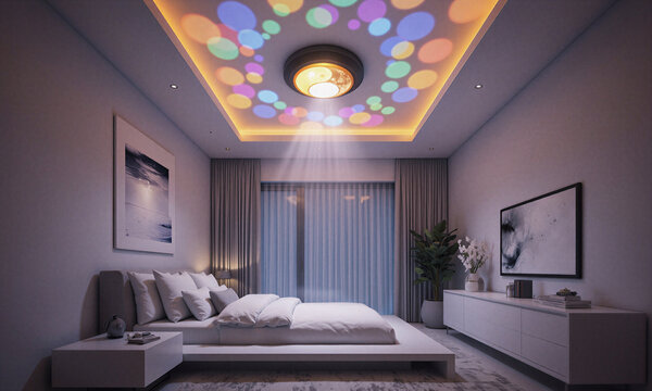 Projector bedroom atmosphere with colorful ceiling light patterns and sunrise simulation function in a minimalist home