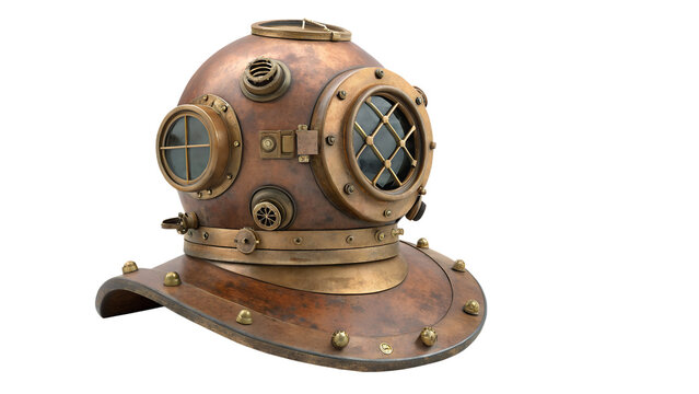 Vintage Copper Brass Deep Sea Diving Helmet Antique Diver Gear Isolated