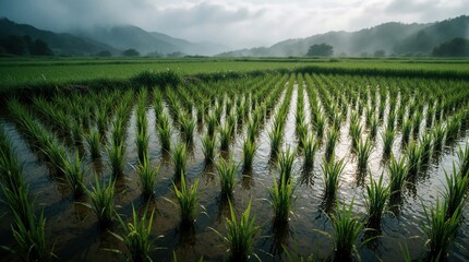 Fototapeta premium Green rice plants grow in flooded fields under misty mountains. Rows of young rice stalks create patterns on water, suggesting growth and agriculture. Rural landscape looks peaceful and natural.