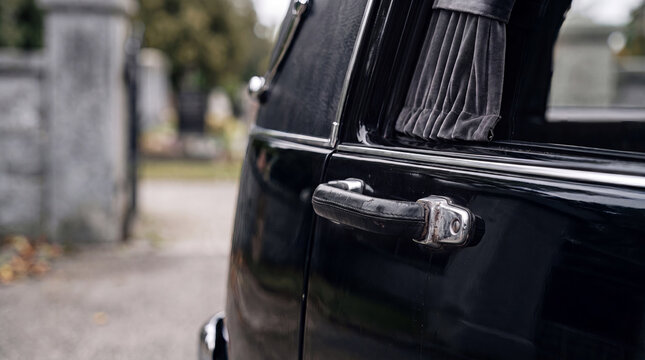 Close-up of a black vintage hearse door with velvet curtains near a cemetery