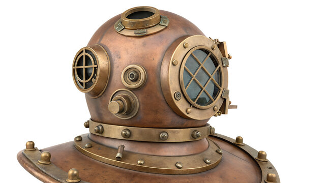Vintage Copper Brass Deep Sea Diving Helmet Antique Diver Gear Isolated