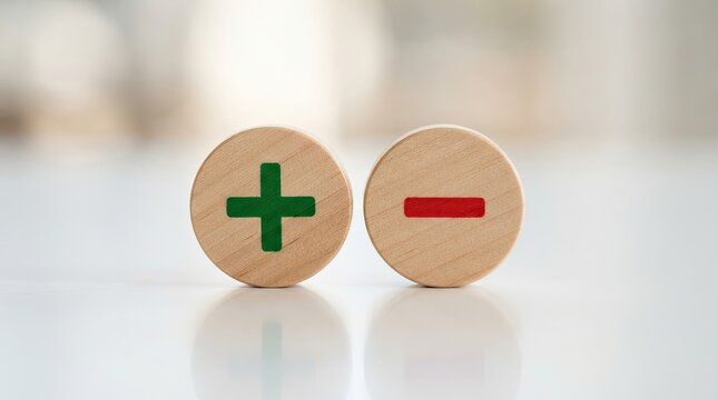 Plus and minus signs on wooden tokens representing choices and decision making
