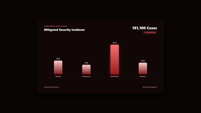 Security dashboard UI presents mitigated incident statistics using a red bar chart layout.