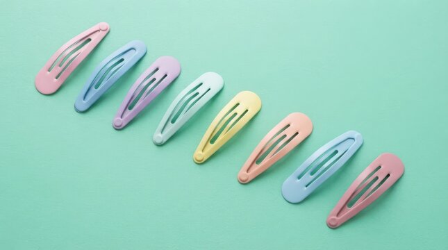 Set of colorful pastel hair clips arranged in a diagonal line on a light green background