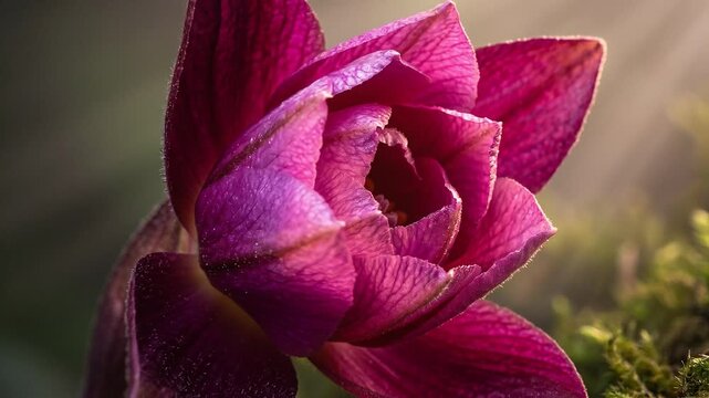 Macro timelapse view of an exotic flower bud opening its intricate velvet petals toward a soft light beam, showcasing delicate botanical textures and nature beauty