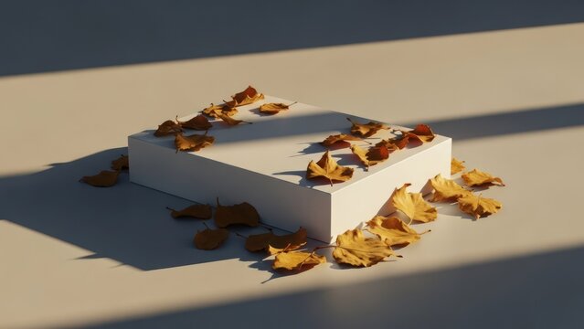White block with fallen autumn leaves, bathed in soft sunlight and shadows