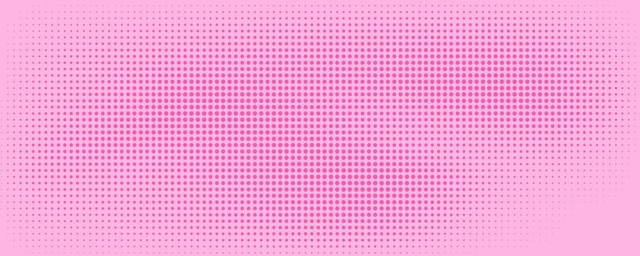 Pink rose halftone pattern. Retro comic gradient background. Pixelated dotted texture overlay. Cartoon pop art faded gradient pattern. Vector backdrop for poster, banner, advertisement
