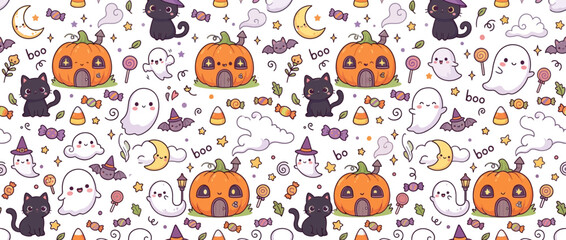 Fototapeta premium Cute Halloween Pattern with Pumpkins, Cats, and Ghosts