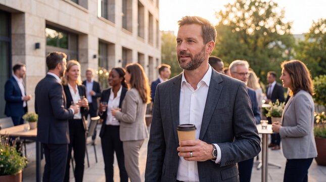Business professional holds a takeaway coffee while colleagues network at an outdoor corporate gathering in warm evening light.