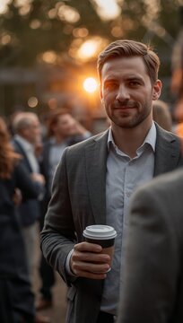 Business professional holds a takeaway coffee while colleagues network at an outdoor corporate gathering in warm evening light.