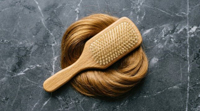 Wooden hairbrush with a coil of blonde hair on a dark marble background