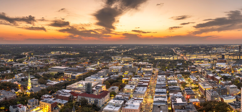 Savannah, Georgia. Urban landscape of old historical city. USA cityscape at sunset