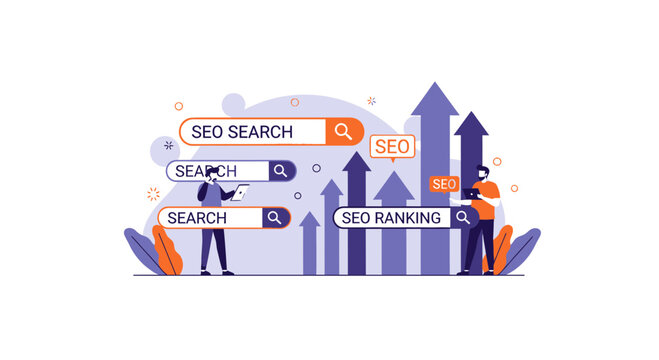 SEO Search Engine Optimization Concept with Growth Arrows and Search Ranking Interface