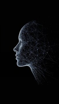 Human profile formed from glowing neural networks and interconnected particles, symbolizing artificial intelligence and digital consciousness.