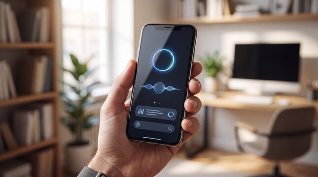 Hand holds a smartphone displaying a futuristic artificial intelligence interface, symbolizing conversation and interaction with AI technology.
