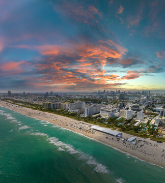 South Beach high luxurious hotels and apartment buildings. American southern seashore of Miami Beach city. Tourist infrastructure in Florida, USA