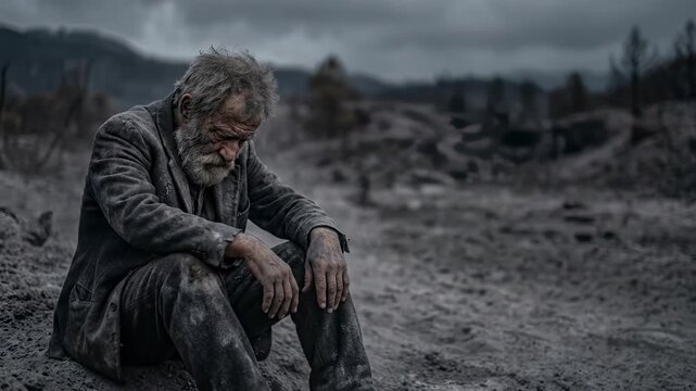 Exhausted elderly biblical prophet Jacob sitting alone in a desolate burned landscape wearing dirty ragged clothes expressing profound despair and deep sorrow under a dark gloomy grey sky