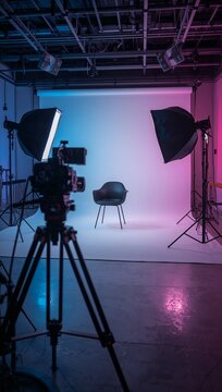 A professional photography studio with camera equipment and a chair illuminated by vibrant blue and pink studio lights.