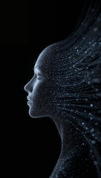 Futuristic female silhouette formed from flowing particles and glowing digital lines against a dark background.